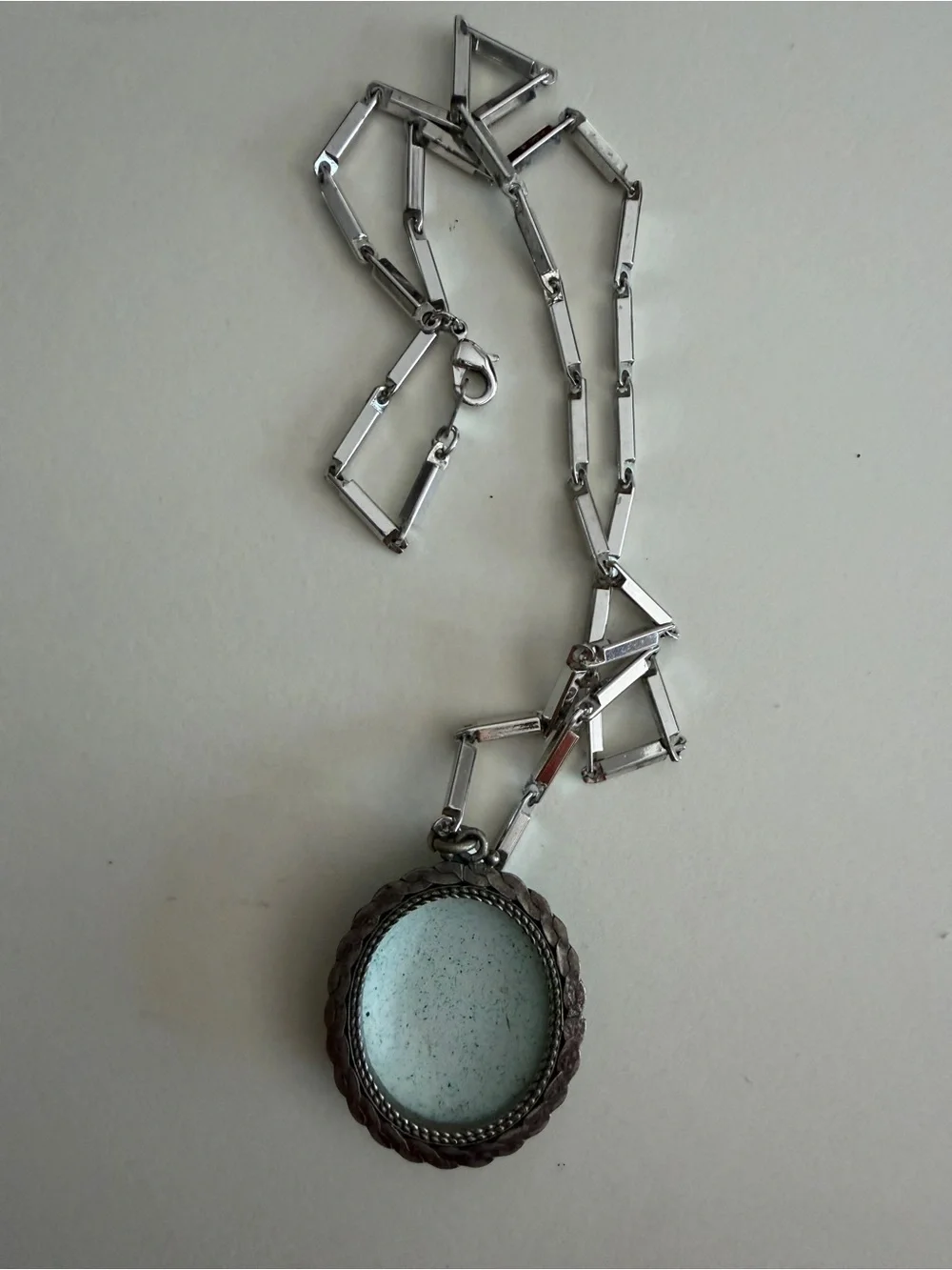 Vintage Hand Painted Floral Enamel Porcelain Pendant Necklace Silver Tone Chain